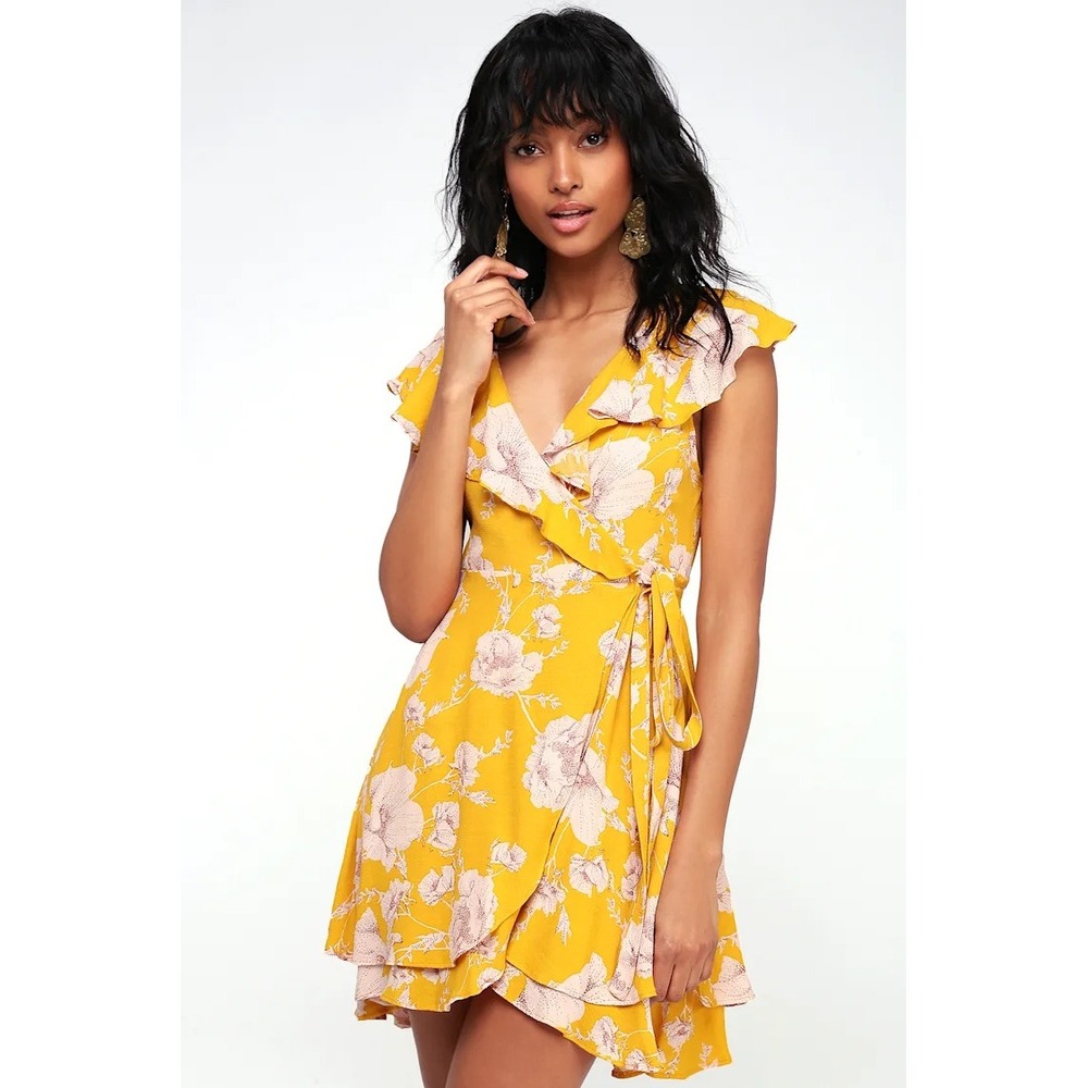 Free People French Quarter Yellow Floral Print Ruffle Wrap Mini Dress S Small